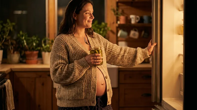 Pregnant woman smiling in front of an open refrigerator at night, holding a jar of pickles