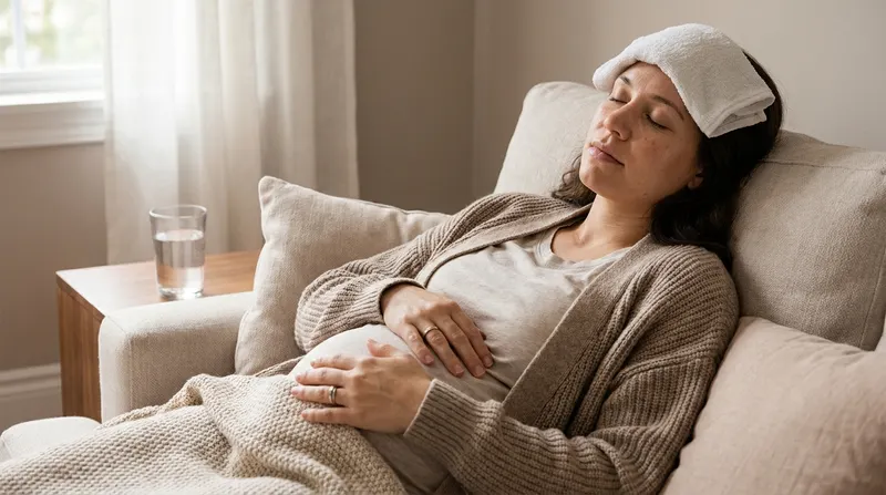 Pregnant woman resting at home with a cool compress on her forehead to relieve a headache