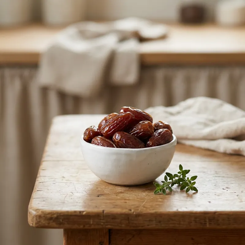 A white ceramic bowl of fresh Medjool dates on a rustic wooden kitchen table