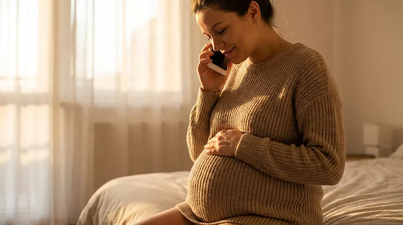Calm pregnant woman sitting on the edge of her bed, phone to her ear calling her doctor, one hand resting on her belly