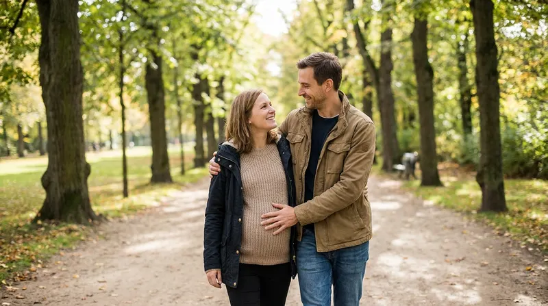 Pregnant woman and her partner walking together outdoors, his hand resting gently on her belly