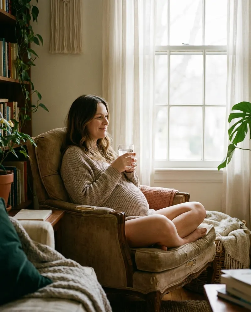 Pregnant woman resting in an armchair holding a glass of water