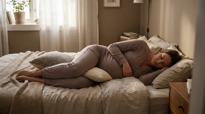 Pregnant woman sleeping on her left side with a pillow between her knees to ease back pain