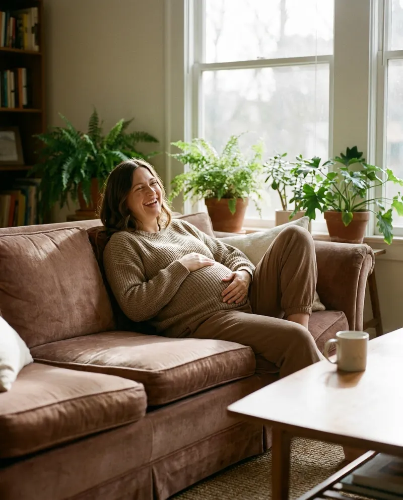Relaxed, hopeful pregnant woman resting at home