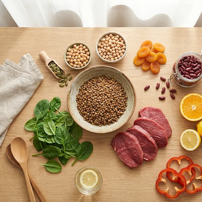 Flat-lay of iron-rich foods for pregnancy: red meat, lentils, chickpeas, kidney beans, spinach, pumpkin seeds, dried apricots and citrus