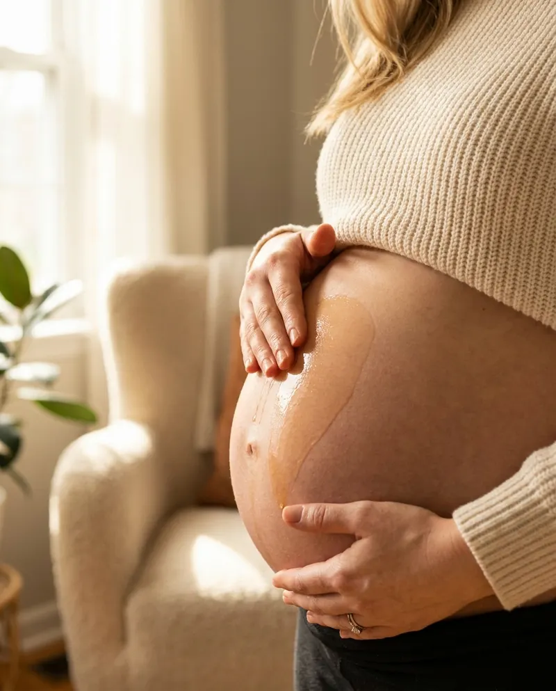 Pregnant woman gently massaging moisturizing oil into her belly