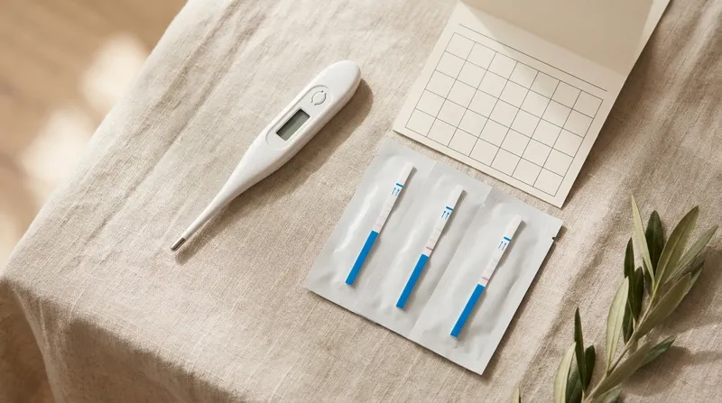 Flat lay of a basal body thermometer, a cycle-tracking calendar and ovulation test strips on a linen surface