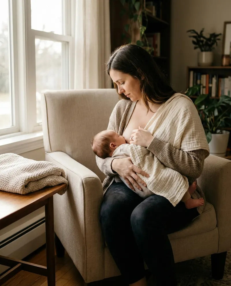 A mother breastfeeding her baby in an armchair by a window at home