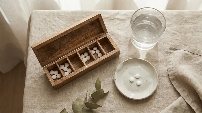 Folic acid supplement tablets in a weekly pill organizer beside a glass of water