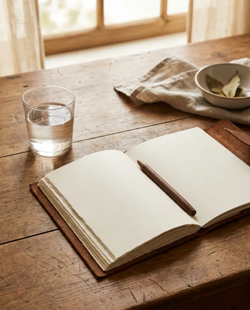 An open blank notebook and pen beside a glass of water on a wooden table in morning light