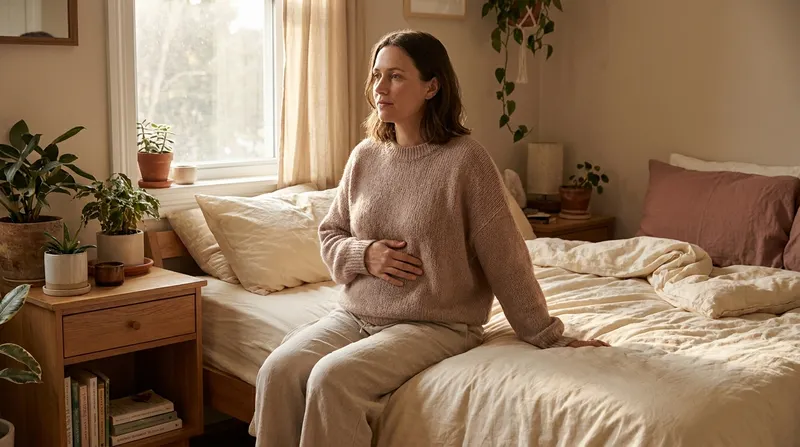 Woman in early pregnancy resting one hand on one side of her lower abdomen while sitting on the edge of a bed