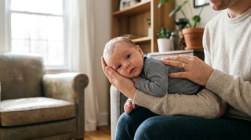 A parent soothing a calm, awake newborn held along their forearm with the head supported in their hand
