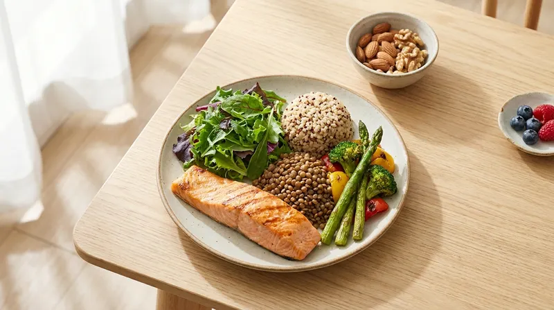 Balanced low-glycemic plate with grilled salmon, leafy greens, whole grains, lentils and vegetables for gestational diabetes