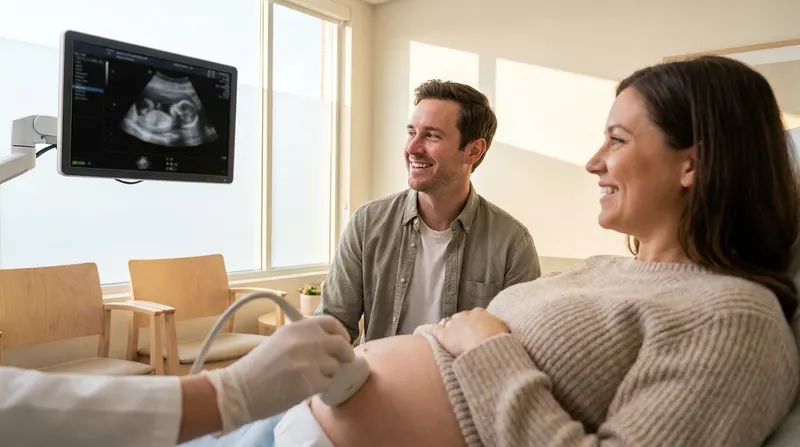 Expectant couple smiling at an ultrasound monitor during a second-trimester pregnancy scan