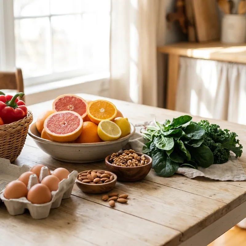 Fresh foods rich in vitamin C, vitamin E, zinc and protein to support skin