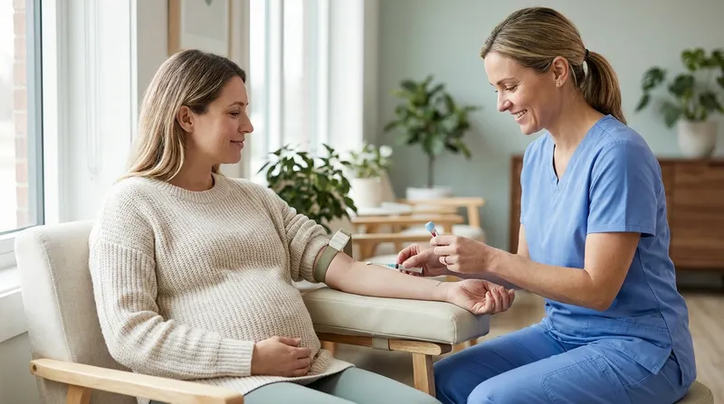 Pregnant woman having a routine venous blood draw during a glucose tolerance test at a clinic
