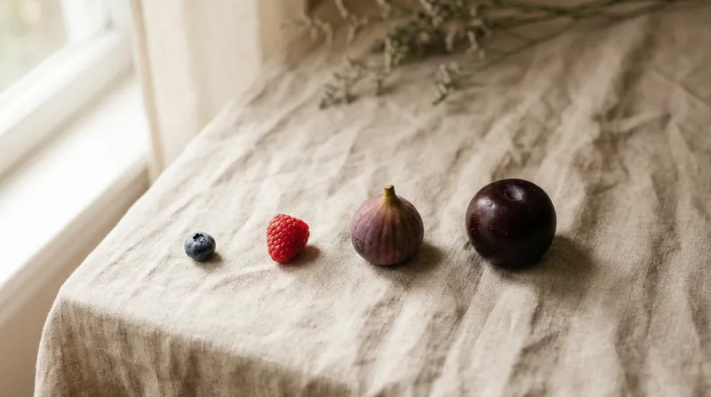 Four fruits arranged by size — blueberry, raspberry, fig and plum — representing a baby's growing size through the first trimester