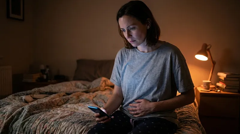 A woman sits on the edge of her bed at night, one hand on her lower abdomen, reading her phone with a worried expression