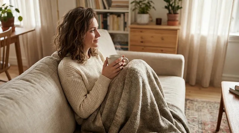 A woman resting calmly on a sofa with a warm cup of tea, looking peaceful and quietly hopeful
