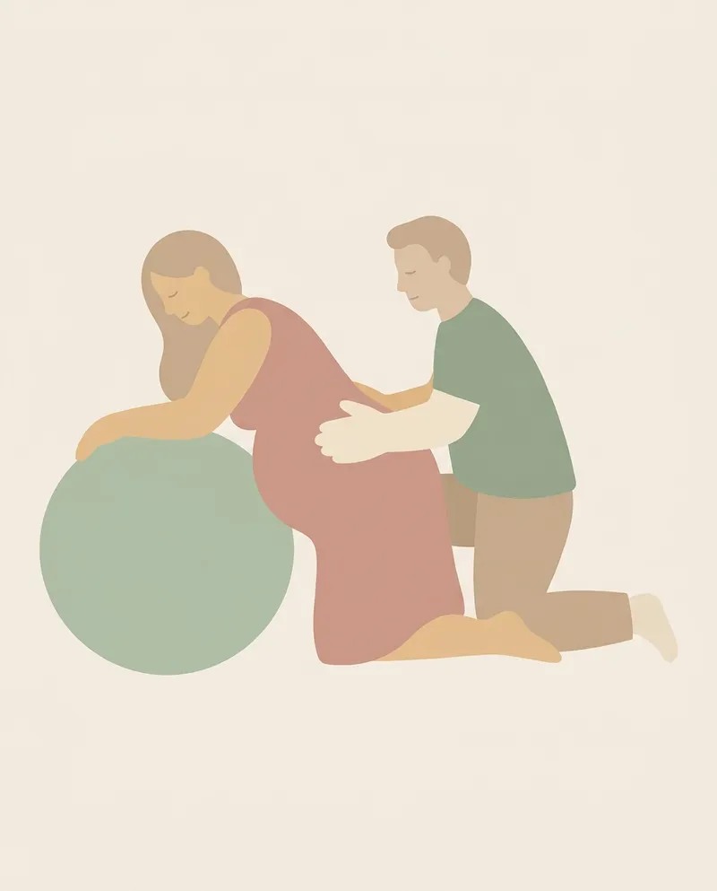 A birth partner kneeling behind and pressing both palms firmly on the sacrum of a woman leaning forward onto a birth ball