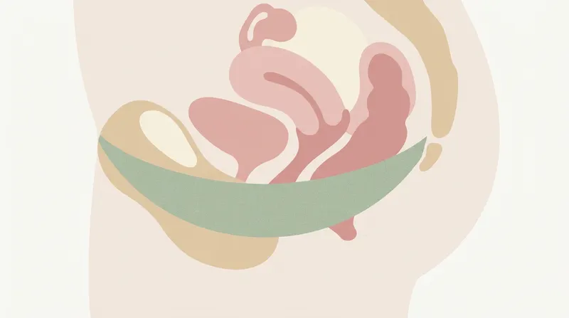 Simple illustration of the pelvic floor muscles forming a hammock between the pubic bone and the tailbone that supports the pelvic organs