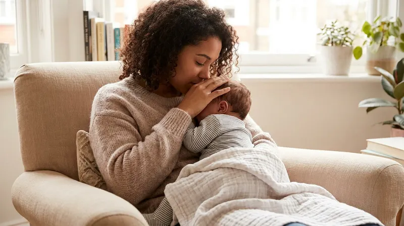 Mother holding her baby close and tummy-to-tummy in a comfortable nursing chair