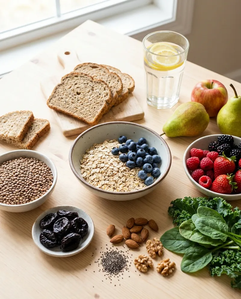 Overhead flat-lay of fiber-rich foods: oats, whole grains, lentils, prunes, berries, leafy greens, fruit and nuts