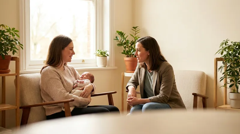 A new mother holding her baby talks with a supportive clinician about how she has been feeling