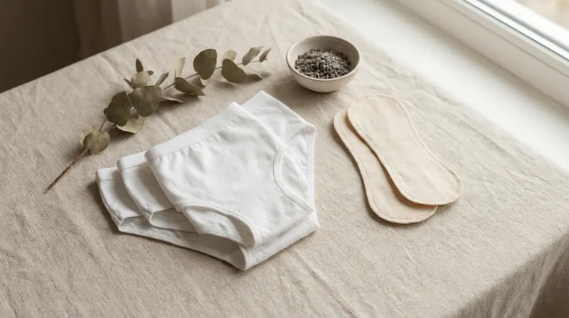 Folded white cotton underwear and unscented cotton panty liners on light linen — gentle intimate hygiene during pregnancy