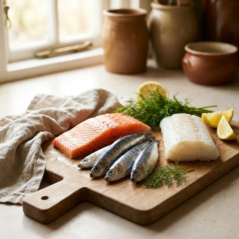 Fresh salmon, sardines and cod on a wooden board with lemon and dill