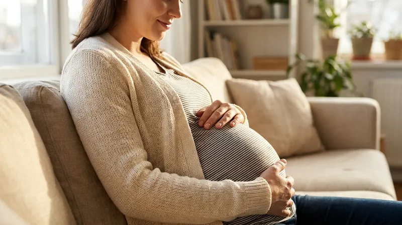 Pregnant woman sitting on a couch with both hands resting on her belly as it tightens during a Braxton Hicks contraction