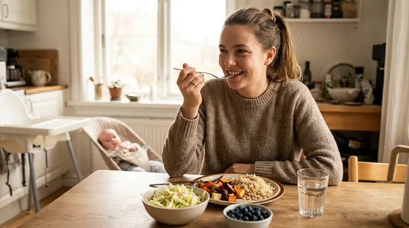 Mother eating a balanced meal at the kitchen table with her baby nearby