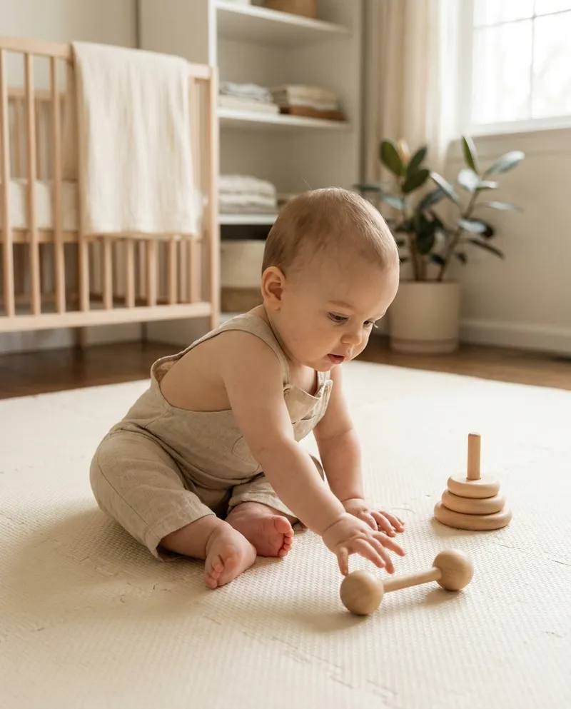 Eight-month-old baby sitting without support on a play mat and reaching for a wooden toy