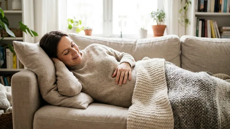 Pregnant woman resting on her side at home with a hand on her belly to ease abdominal tightening
