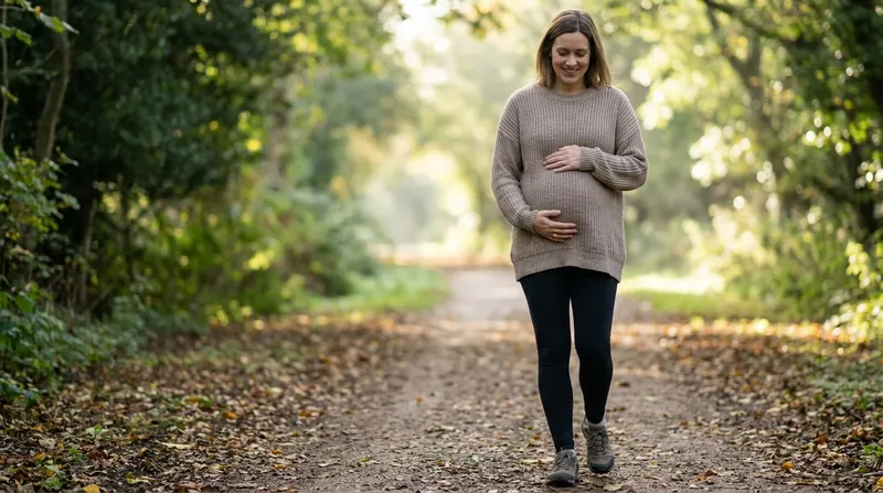 Pregnant woman walking outdoors on a park path in comfortable flat shoes to help reduce leg swelling