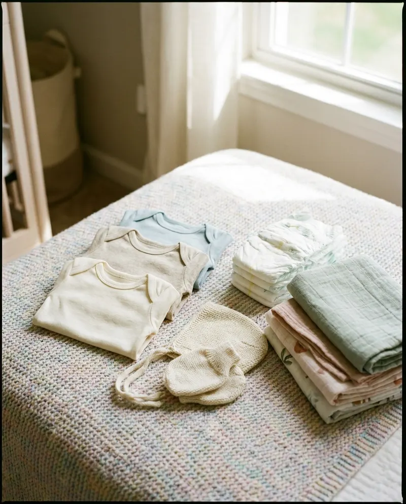 Newborn essentials grouped together: folded cotton bodysuits, a knitted hat and mittens, newborn diapers and muslin swaddle cloths