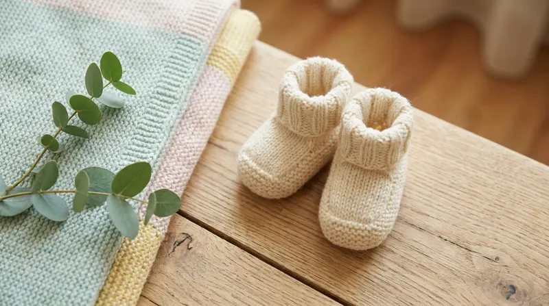 Knitted baby booties and a soft pastel blanket on a wooden table
