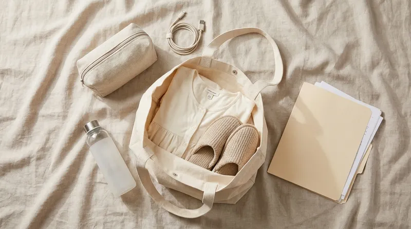 Flat-lay of a packed hospital bag: a folded cotton nightgown and knit slippers inside a tote, with a toiletry pouch, water bottle, phone charger and a folder of documents