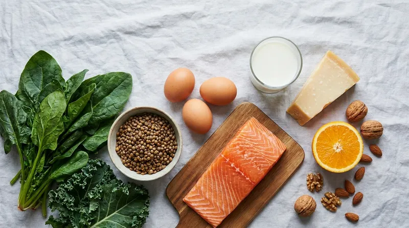 Foods rich in key pregnancy nutrients: leafy greens, lentils, eggs, salmon, milk and cheese, orange and nuts