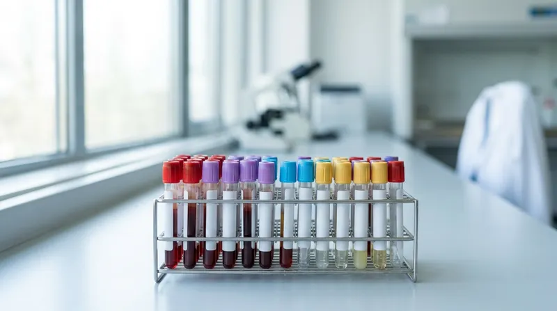 Labeled blood sample tubes in a rack for Rh factor, blood group and antibody testing