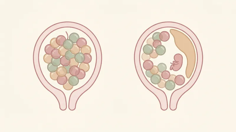 Diagram comparing a complete molar pregnancy, filled only with grape-like vesicles and no embryo, with a partial molar pregnancy, where vesicles appear alongside placental tissue and a small non-viable embryo