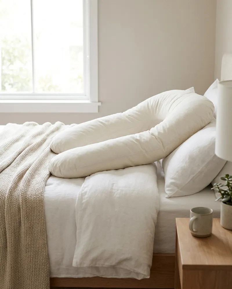 A U-shaped pregnancy support pillow resting on a bed