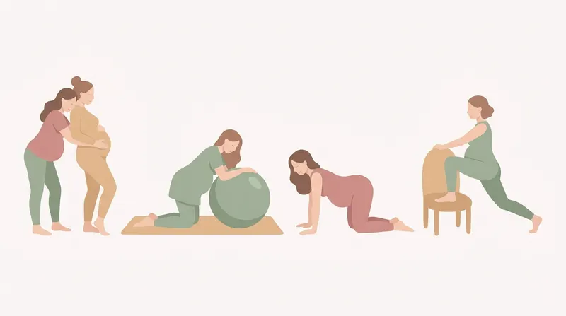 Four upright labour positions: swaying supported by a partner, kneeling over a birth ball, on hands and knees, and a supported lunge with one foot on a chair