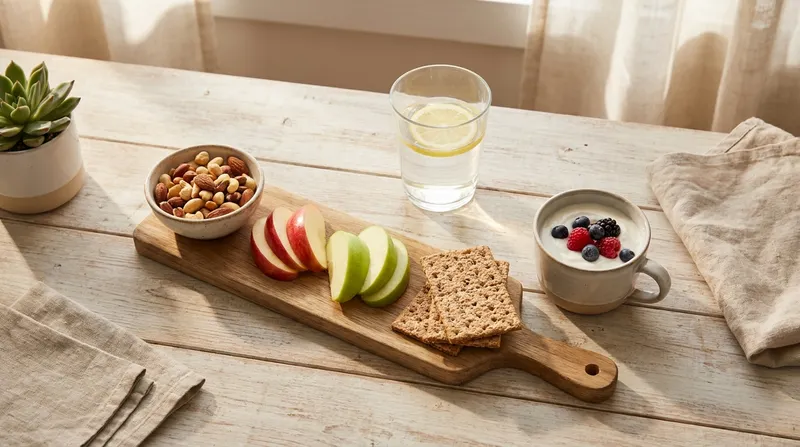 Healthy snacks — nuts, apple slices, crackers and yogurt — beside a glass of water