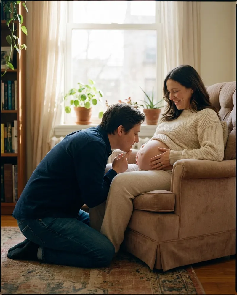A partner kneeling and talking close to a pregnant person's belly in a sunlit living room