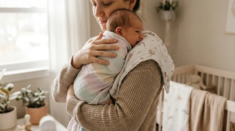 A parent soothing a calm, awake newborn held upright against their shoulder