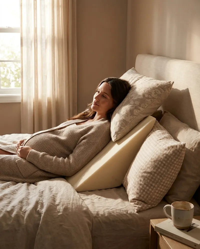 Pregnant woman resting with her upper body elevated on a wedge pillow to ease nighttime heartburn