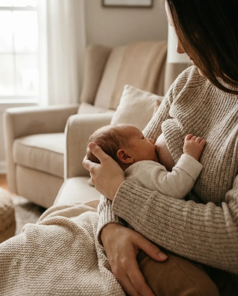 Mother breastfeeding her newborn in a cradle hold with a comfortable latch