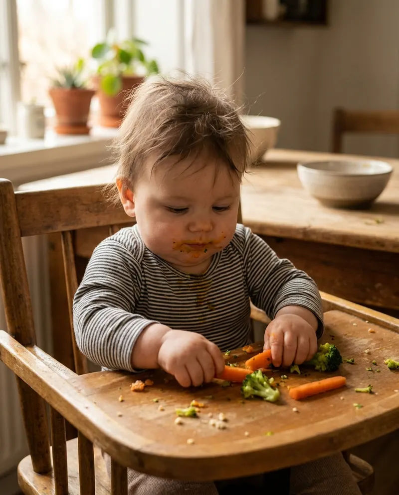 Baby sitting in a high chair self-feeding soft steamed carrot and broccoli finger foods