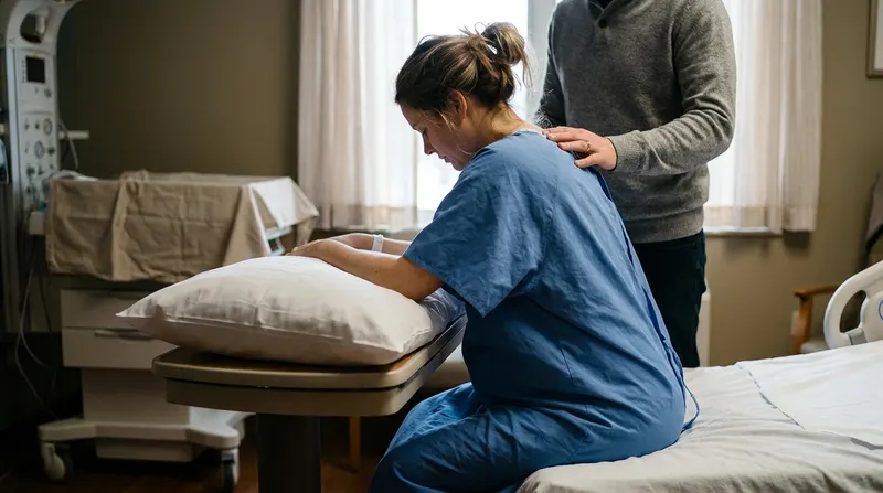 Pregnant woman in a hospital gown sitting on the edge of the bed, leaning forward over a pillow with a curved back while her partner supports her — the position used for placing an epidural during labor